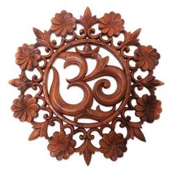 Lively Om,'Floral Om Suar Wood Relief Panel from Bali'