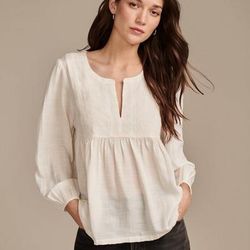 Lucky Brand Notch Neck Peasant Blouse - Women's Clothing Peasant Tops Shirts in Gardenia, Size S