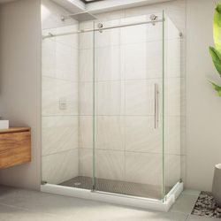 Dreamline DreamLine Enigma-X 32 1/2 inch D x 60 3/8 inch W x 76 inch H Frameless Sliding Shower Enclosure in Brushed Stainless Steel SE6160F320VDX07