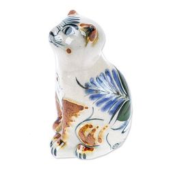 Traditional Cat with Dove,'Ceramic Cat Figurine Crafted and Painted by Hand in Mexico'
