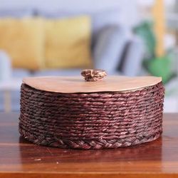 Palatial Nature,'Handwoven Round Burgundy Natural Sabai Grass Fibers Basket'