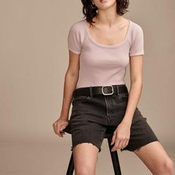 Lucky Brand Short Sleeve Rib Knit Top - Women's Clothing Knit Tops Tee Shirts in Mauve Shadows, Size XL