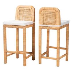 Zariah Modern Bohemian Natural Brown Rattan And Mahogany Wood Bar Stool by Baxton Studio in Natural Brown Mahogany