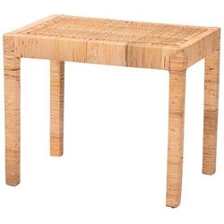 Abelia Modern Bohemian Natural Rattan And Mahogany Wood Short Accent Bench by Baxton Studio in Natural Rattan