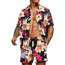 Per uomo Grafico Foglia di palma Piante Tropicali 2 pezzi Set di camicie Camicia hawaiana estiva Manica Corta Pantaloni corti Collo ripiegato Designer Spiaggia Vacanza Casuale Quotidiano 3D Estate