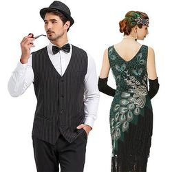 Anni Ruggenti Anni 1920 Abito Flapper Abiti Gilet Il grande Gatsby Gentiluomo Invitato al matrimonio Paillettes Frangia con nappe Costume Per uomo Per donna Capodanno Mascherata Balli di fine anno