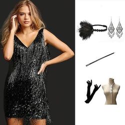 Anni Ruggenti Anni 1920 Mini Lunghezza corta Vestito Abito Flapper Abiti Senza maniche Il grande Gatsby Invitato al matrimonio Frangia con nappe Tinta unita Nappa Scollo a V Costume Per donna