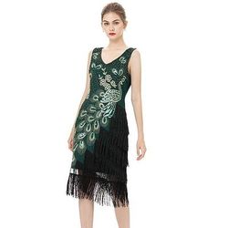 Anni Ruggenti Anni 1920 Lunghezza al ginocchio Vestito Abito Flapper Abito da cocktail Senza maniche Il grande Gatsby Invitato al matrimonio Paillettes Frangia con nappe Scollo a V Costume Per donna
