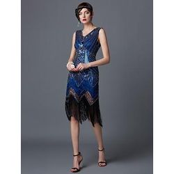 Anni Ruggenti Anni 1920 Lunghezza al ginocchio Vestito Abito Flapper Costumi di Halloween Senza maniche Il grande Gatsby Charleston Invitato al matrimonio Paillettes Patchwork Scollo a V Costume Per