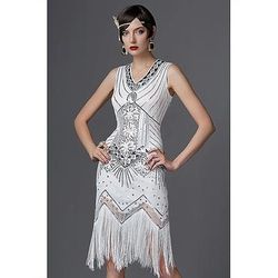 Anni Ruggenti Anni 1920 Lunghezza al ginocchio Vestito Abito Flapper Costumi di Halloween Senza maniche Il grande Gatsby Charleston Invitato al matrimonio Paillettes Patchwork Scollo a V Costume Per