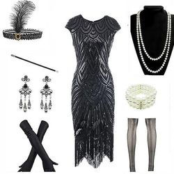 Anni Ruggenti Anni 1920 Lunghezza al ginocchio Vestito Abito Flapper Abiti Cortissima Il grande Gatsby Invitato al matrimonio Frangia con nappe Scollo a V Scollo Tondo Costume Per donna Carnevale