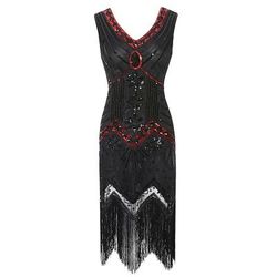 Anni Ruggenti Anni 1920 Lunghezza al ginocchio Vestito Abito Flapper Abito da Ballo Senza maniche Il grande Gatsby Charleston Invitato al matrimonio Frangia con nappe Scollo a V Costume Per donna