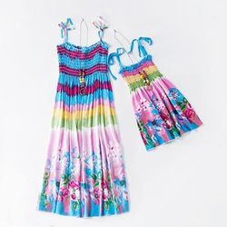 Mamma e io Giornata universale dell'infanzia Vestitini Arcobaleno A strisce Da tutti i giorni Stampa Multicolore Blu Verde Senza maniche Al ginocchio Abito senza maniche Boho Abiti coordinati
