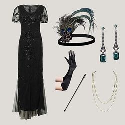 Anni Ruggenti Anni 1920 Il grande Gatsby Lunghezza alla caviglia Lunghezza lunga Vestito Abito da sera Abiti Maniche corte Il grande Gatsby Charleston Invitato al matrimonio Piuma Scollo a V Costume