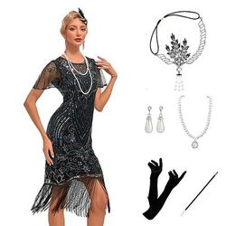 Anni Ruggenti Anni 1920 Lunghezza al ginocchio Lunghezza corta Abito Flapper Abiti Costume da festa Manica illusione Maniche corte Il grande Gatsby Invitato al matrimonio Paillettes Frangia con nappe