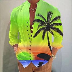 Per uomo Albero di Cocco Piante Tropicali Camicia Camicia hawaiana estiva Camicia Aloha Manica Lunga Camicia Collo alla coreana Moda Designer Casual All'aperto Vacanza Streetwear Giallo Blu Fucsia S