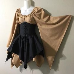 Medievale Abito da cocktail Abito vintage Corto Mini Vestito Principessa Vichingo Ranger Elfico Tiro con l'arco Collo a U Costume Per donna Celtico Costumi da pirata Fantasia Festa / Cocktail Festival