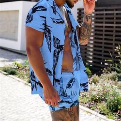Per uomo Foglie Piante Tropicali 2 pezzi Set di camicie Camicia hawaiana estiva Manica Corta Pantaloni corti Collo ripiegato Tropicale Moda Hawaiano Streetwear Casuale Camicia hawaiana Stampato