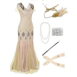 Anni Ruggenti Anni 1920 Lunghezza alla caviglia Vestito Abito da sera Abiti Maniche corte Il grande Gatsby Taglie Forti Invitato al matrimonio Frangia con nappe Nappa Scollo a V Costume Per donna