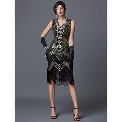 Anni Ruggenti Anni 1920 Lunghezza al ginocchio Vestito Abito Flapper Costumi di Halloween Senza maniche Il grande Gatsby Charleston Invitato al matrimonio Paillettes Patchwork Ricamato Scollo a V
