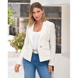 Boston Proper - White - Rhinestone Embellished Puff Sleeve Single Button Denim Blazer - XS