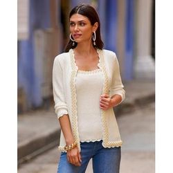 Boston Proper - Off White - Pearl Trim Textured Cardigan - Small