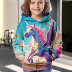 Da ragazza 3D Animali Unicorno Felpa con cappuccio Manica lunga Stampa 3D Primavera Autunno Inverno Di tendenza Streetwear Adorabile Bambino 3-12 anni Esterno Giornaliero Al coperto Standard