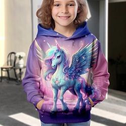 Da ragazza 3D Animali Unicorno Felpa con cappuccio Manica lunga Stampa 3D Primavera Autunno Inverno Di tendenza Streetwear Adorabile Bambino 3-12 anni Esterno Giornaliero Al coperto Standard