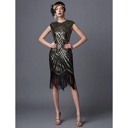 Anni Ruggenti Anni 1920 Lunghezza al ginocchio Vestito Abito Flapper Abito da cocktail Cortissima Il grande Gatsby Charleston Invitato al matrimonio Paillettes Frangia con nappe Tinta unita Scollo