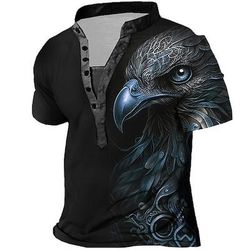 Per uomo Grafico Animale Aquila Maglia Henley Camicia vintage Manica Corta Stampa 3D Moda Designer Essenziale All'aperto Quotidiano Estate Blu Marrone Verde Grigio Collo alla coreana Maglietta Henley