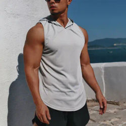 Hooded Fitness Tank Top Men's Mesh Running Training Quick Dried Tank Top Loose Sleeveless Tank Shoulder Hooded Basketball Tank
