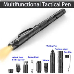 Military Tactical Pen EDC Pen with LED Flashlight Self Defense Glass Breaker Survival Pen Multifunctional Tool Emergency Whistle