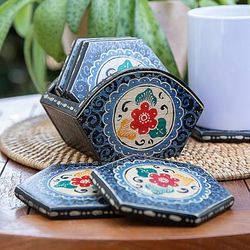 Indigo Memory,'Set of 6 Floral Indigo Wadang Wood Batik Coasters and Stand'