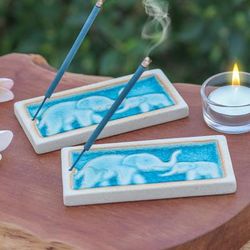 'Handmade Elephant-Themed Blue Ceramic Incense Holders (Pair)'