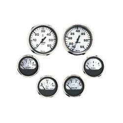 Faria Beede Instruments Spun Silver Box Set of 6 Gauges f/ Inboard Engines - Speed Tach Voltmeter Fuel Level Water Temperature & Oil KTF0184