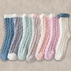 3/4/7 Pairs Colorblock Fuzzy Socks, Comfy & Warm Lettuce Trim Socks, Women's Stockings & Hosiery