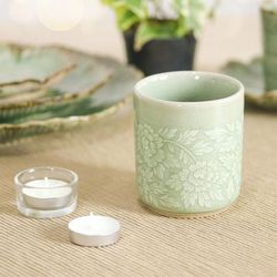 Wealthy Peony,'Leafy and Floral Green Ceramic Teacup with Crackled Finish'