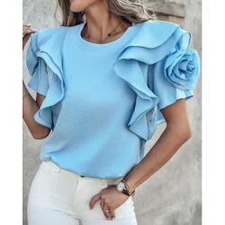 T-shirt da donna 2024 Summer Fashion Rose Detail Ruffle Hem Casual o-collo manica corta Plain Daily