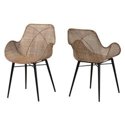Ballerina Modern Bohemian Greywashed Rattan And Natural Brown Finished Wood 2-Piece Dining Chair Set by Baxton Studio in Grey Rattan Black