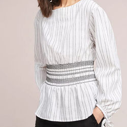 Anthropologie Tops | Anthropologie J.O.A. Tessa Smocked Top Small White Woven Tie Cuff Peplum Striped | Color: Black/White | Size: S