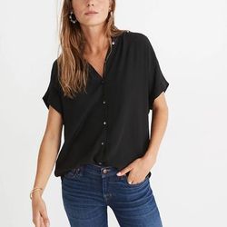 Madewell Tops | Madewell Central Drapey Shirt Cuff Sleeve Button Down Short Sleeve Black | Color: Black | Size: Xs