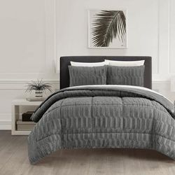 Chic Home Design Panya 5 Piece Comforter Set Textured Geometric Pattern Faux Rabbit Fur Micro-Mink Backing Bed In A Bag Bedding - Grey - TWIN XL