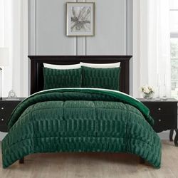 Chic Home Design Panya 5 Piece Comforter Set Textured Geometric Pattern Faux Rabbit Fur Micro-Mink Backing Bed In A Bag Bedding - Green - TWIN XL