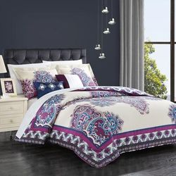 Chic Home Design Sati 5 Piece Reversible Comforter Set 100% Cotton Bohemian Inspired Contemporary Panel Frame Geometric Pattern Print Bedding - Purple - KING