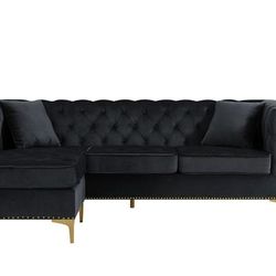 Chic Home Design Levin Left Hand Facing Sectional Sofa L Shape Chaise Velvet Button Tufted Rolled Arm With Gold Nail Head Trim Gold Tone Metal Y-Leg - Black