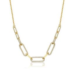 Genevive Sterling Silver 14k Yellow Gold Plated with Clear Cubic Zirconia Elongated Cable Link Chain Necklace - Gold