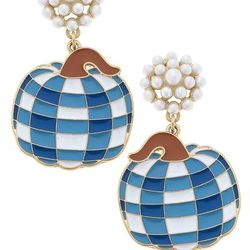 Canvas Style For Pete's Sake Pottery Gingham Pumpkin Earrings in Blue & White - Blue