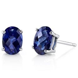 Peora Blue Sapphire Stud Earrings 14 Karat White Gold Oval 2 Carats - Blue