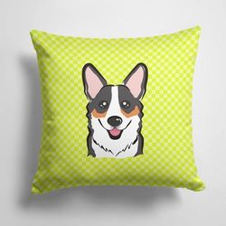 Caroline's Treasures 14 in x 14 in Outdoor Throw PillowCheckerboard Lime Green Corgi Fabric Decorative Pillow - 15 X 15 IN