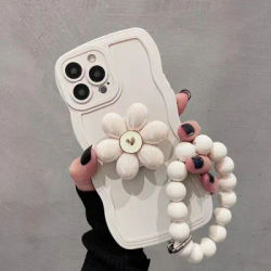 Black & White Love Flower Stand Bead Ring Bracelet Phone Case For iPhone 16 15 14 13 12 11 Pro Max 7 8 Plus Silicone Soft Case